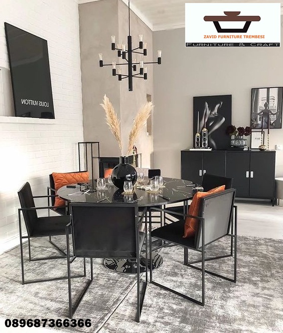 Meja Makan Marmer Bulat Warna Hitam Mewah