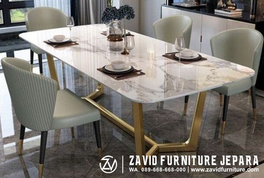 Meja Makan Marmer Desain Mewah Kaki Stainless Modern Berkelas