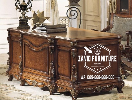 Meja Kantor Kayu Jati Ukiran Mewah Desain Klasik Elegan Paling Baru