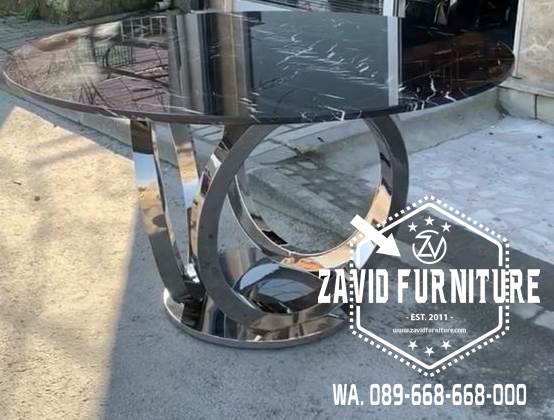 Meja Makan Marmer Hitam Kaki Stainless Silver Mewah Elegan Terunik