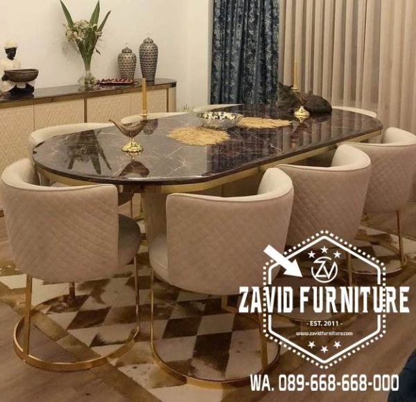 Meja Makan Marmer Unik Kaki Stainless Mewah Elegan Berkelas