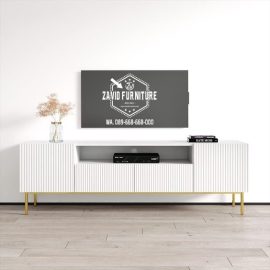 meja tv stainless gold desain salur putih