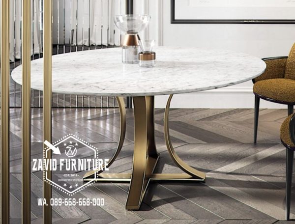 kaki meja makan stainless desain elegan gold top bulat marmer putih