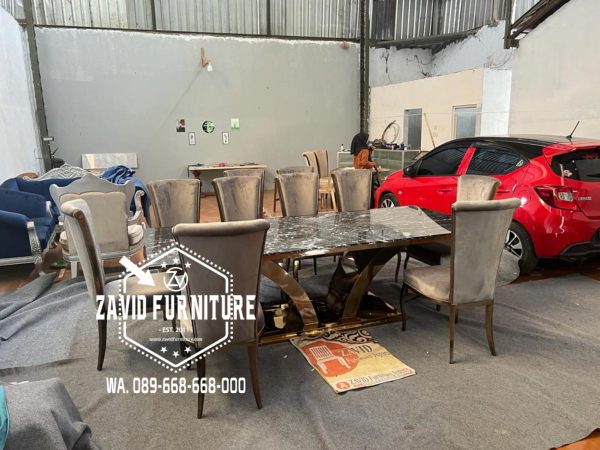 meja makan stainless desain sayap elang set 10 kursi marmer hitam