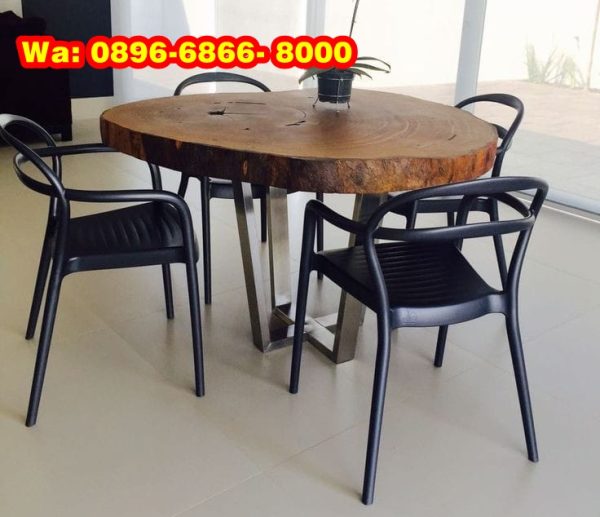 Meja Kayu Bulat Kaki Besi Minimalis 4 Kursi