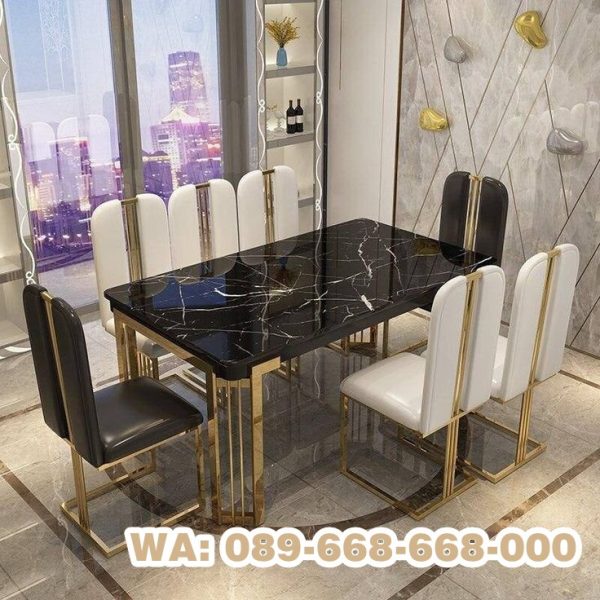 Meja Makan Marmer Hitam Kaki Stainless Steel