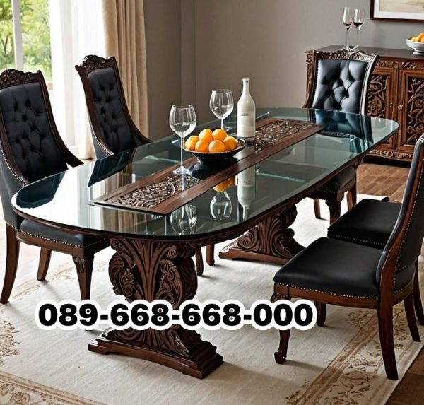 Meja Makan Jati Kombinasi Kaca Tebal