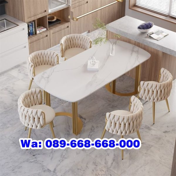 Meja Makan Marmer Stainless Lengkung 6 Kursi Model Baru