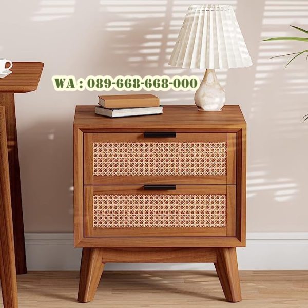 Meja Nakas Kayu Jati Kombinasi Rotan Alami