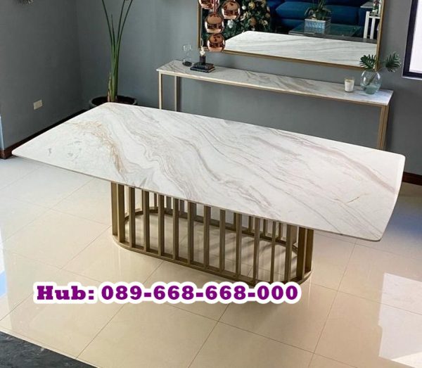 Meja Makan Marmer Putih Kaki Stainless Jeruji