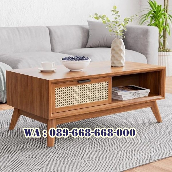 Meja Tamu Jati Kombinasi Rotan Alami