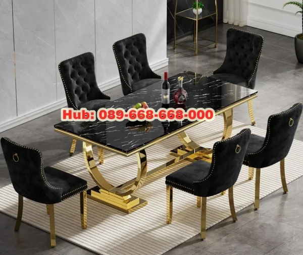 Meja Makan Marmer Hitam Kaki Stainless Gold Murah