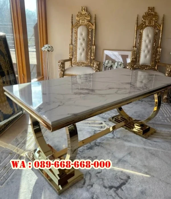 Meja Makan Marmer Putih Kaki Stainless Cincin