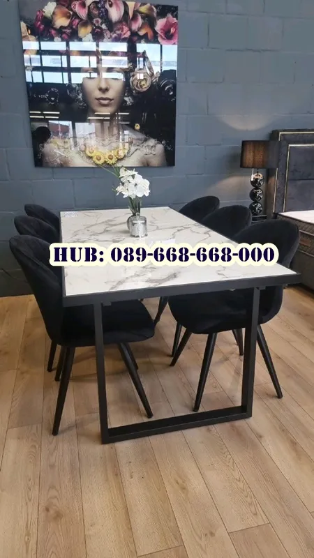 Meja Makan Marmer Industrial Kaki Besi Modern