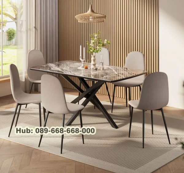 Meja Makan Marmer Kaki Besi 6 Kursi