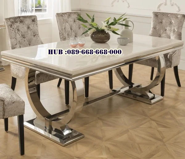 Meja Makan Marmer Kaki Besi Bulat