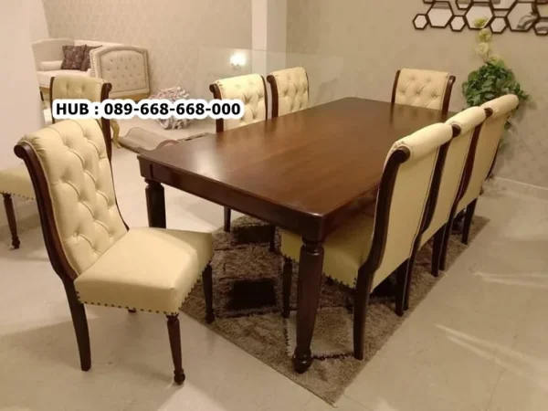 Set Meja Makan Kayu Jati Kursi Tufted Mewah