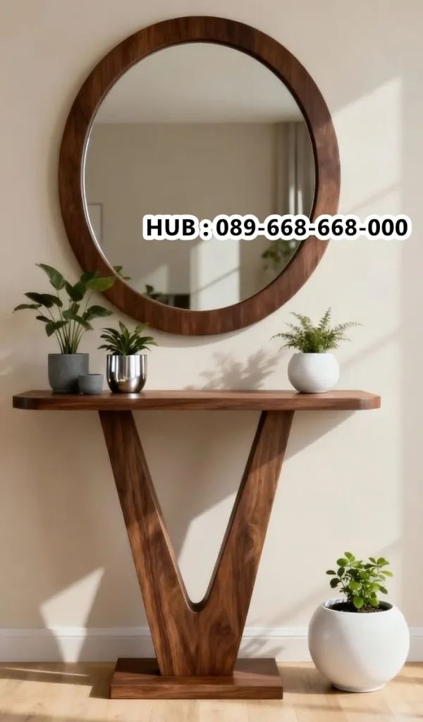 Meja Konsul Modern Walnut Jati Oval Mirror