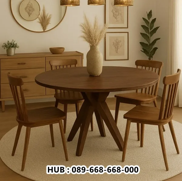 Meja Makan Kayu Jati Solid Bundar Finishing Walnut Terbaru