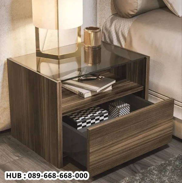 Meja Nakas Modern Woodgrain Top Glass