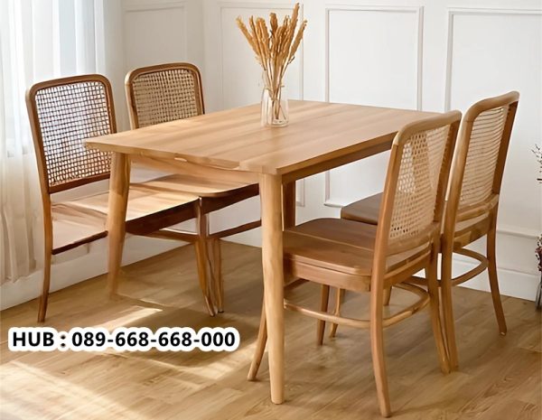 Set Meja Makan Jati Sandaran Rotan