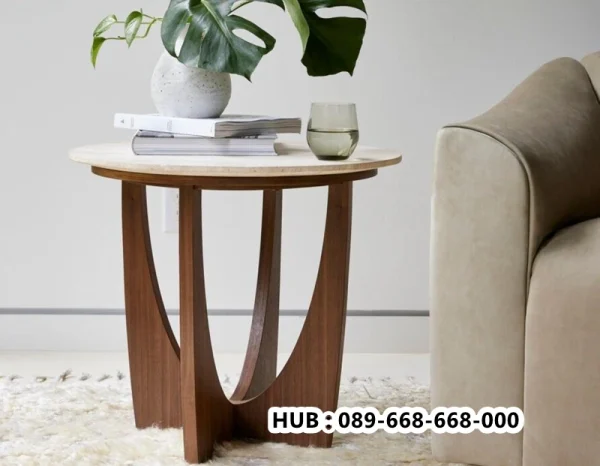 Meja Sudut Marmer Japandi Kayu Solid