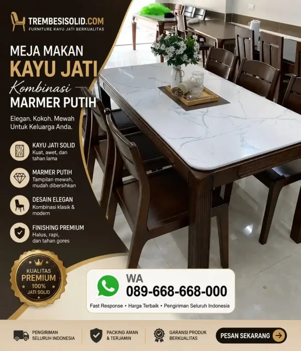 Meja Makan Kayu Jati Kombinasi Marmer Putih