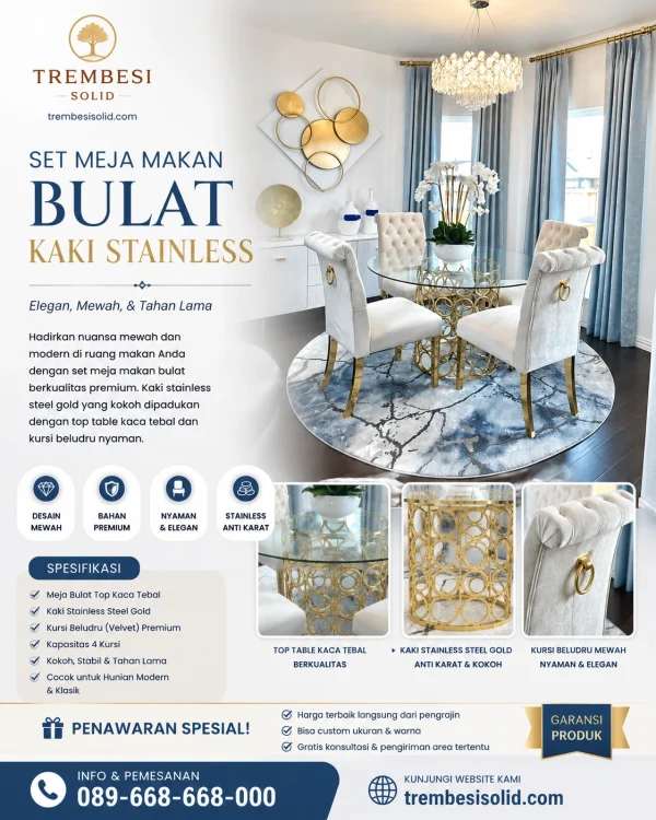 Set Meja Makan Bulat Kaki Stainless