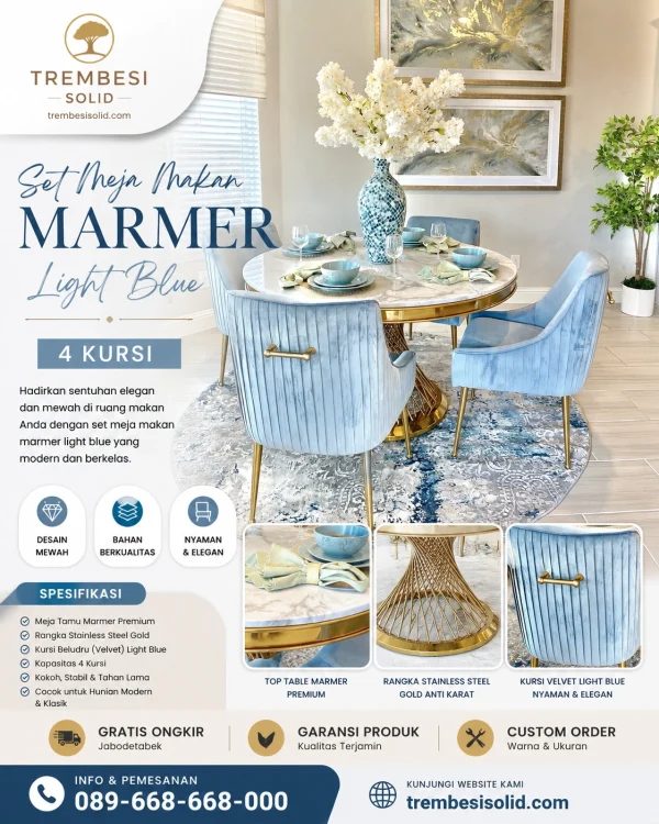 Set Meja Makan Marmer Ligh Blue 4 Kursi