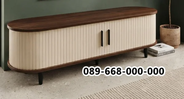 Jual Meja TV Minimalis Semarang Modern Model Oval Kayu Kombinasi Fluted Panel