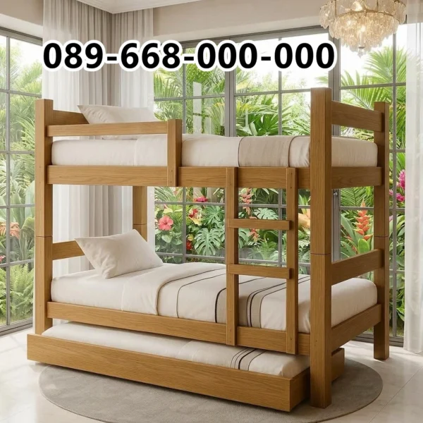 Dipan Tingkat 3 Susun Jepara Kayu Minimalis Modern dengan Kasur Tarik